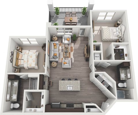 Floor plan for 2 beds, 2 baths, 1169 sqft